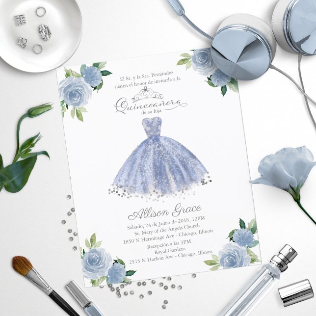 Convite de Quinceanera Orçamento Vestido Azul Espa (Criador carregado)