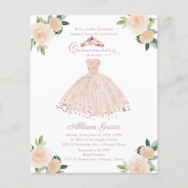 Convite de Quinceanera Orçamento Vestido Rosa Blus (Frente)