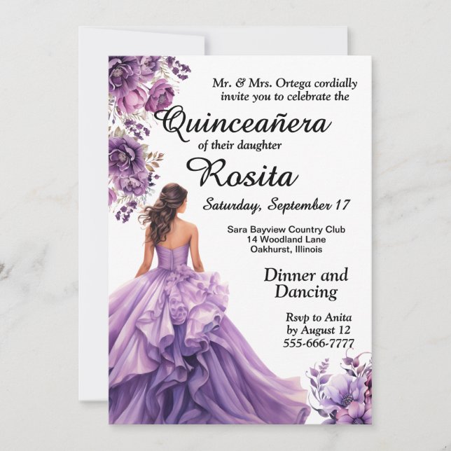Convite de Quinceanera para 15 anos de idade (Frente)