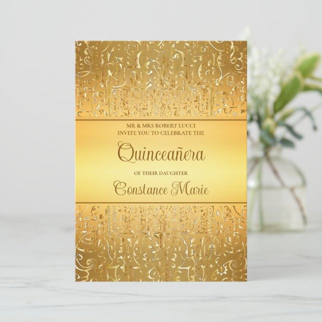 Convite de Quinceanera para Frame Dourado Glam (Em pé/Frente)