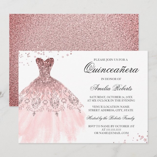 Convite de Quinceanera para vestir Dourado de Rosa (Frente/Verso)