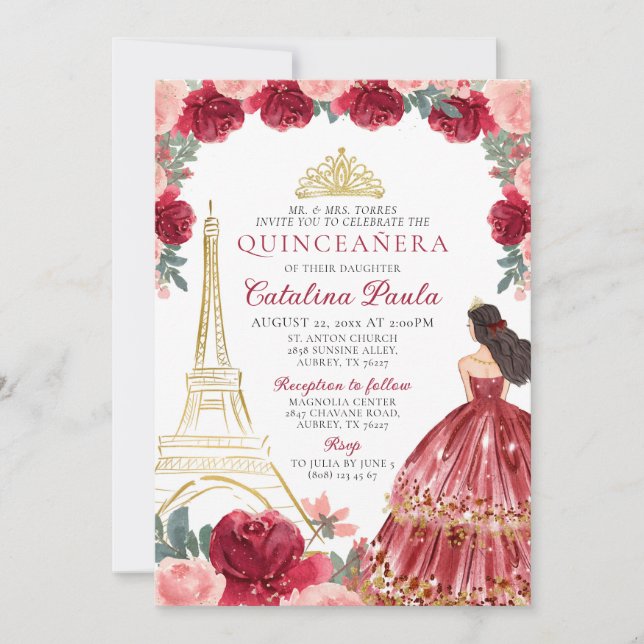 Convite de Quinceañera Paris Tiara Dourado Rosa Ve (Frente)
