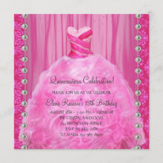 Convite de Quinceanera Pérolas Rosa Quente Vestido