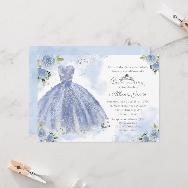 Convite de Quinceanera Prata Vestido Azul Claro (Frente/Verso In Situ)