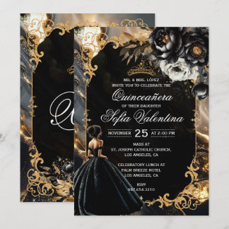 Convite de Quinceañera Preto e Dourado