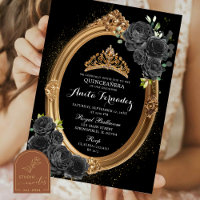 Convite de Quinceanera Preto e Dourado Elegante