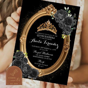 Convite de Quinceanera Preto e Dourado Elegante