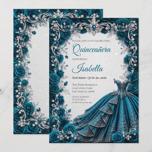 Convite de Quinceañera Princesa Azul Luxuoso (Frente/Verso)