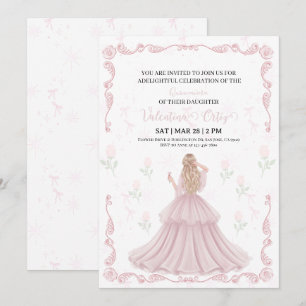 Convite de Quinceanera Princesa Coquete laço Rosa 
