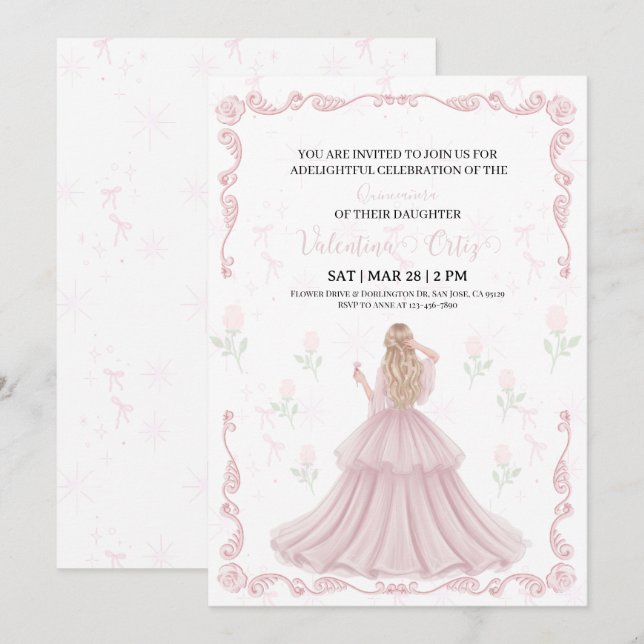 Convite de Quinceanera Princesa Coquete laço Rosa  (Frente/Verso)