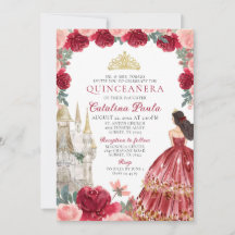 Convite de Quinceañera Princesa Coroa Dourada Verm