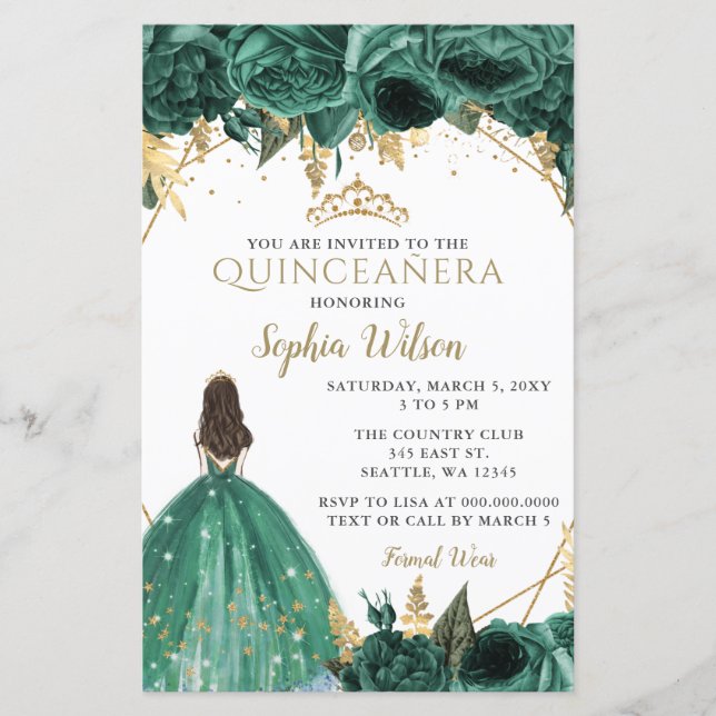 Convite de Quinceañera Princesa Orçamento Verde Do (Frente)