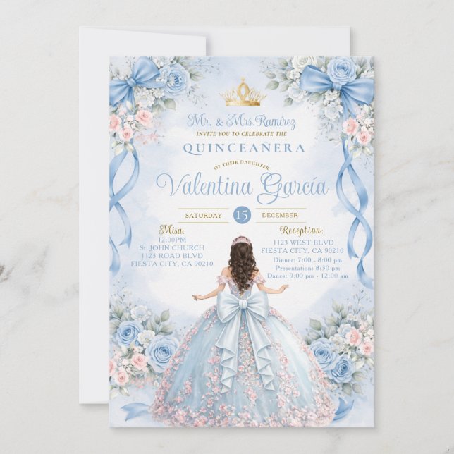 Convite de Quinceañera Princesa Rosa Azul Empoeira (Frente)