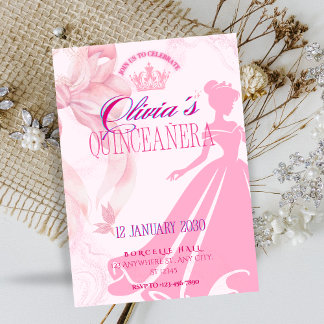 Convite de Quinceañera Princesa Rosa Elegante