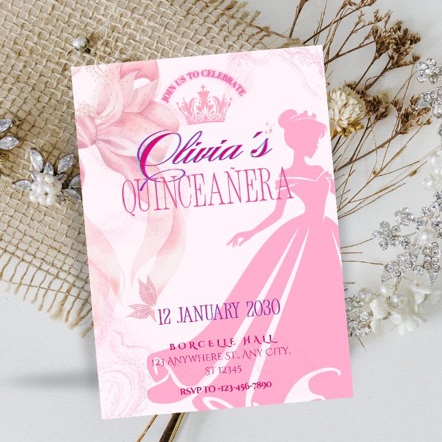 Convite de Quinceañera Princesa Rosa Elegante (Criador carregado)