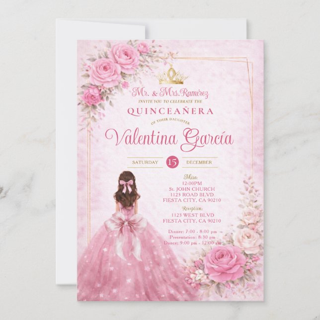 Convite de Quinceañera Princesa Rosa Floral (Frente)