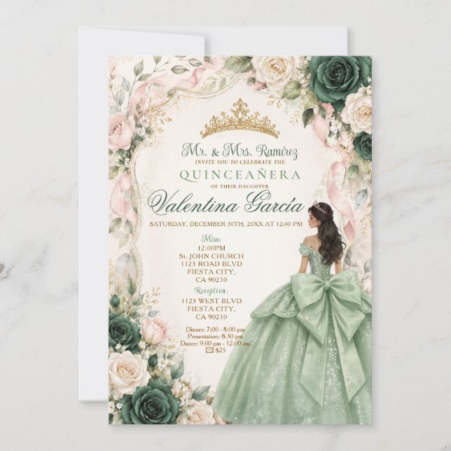 Convite de Quinceañera Princesa Verde Sage  (Frente)