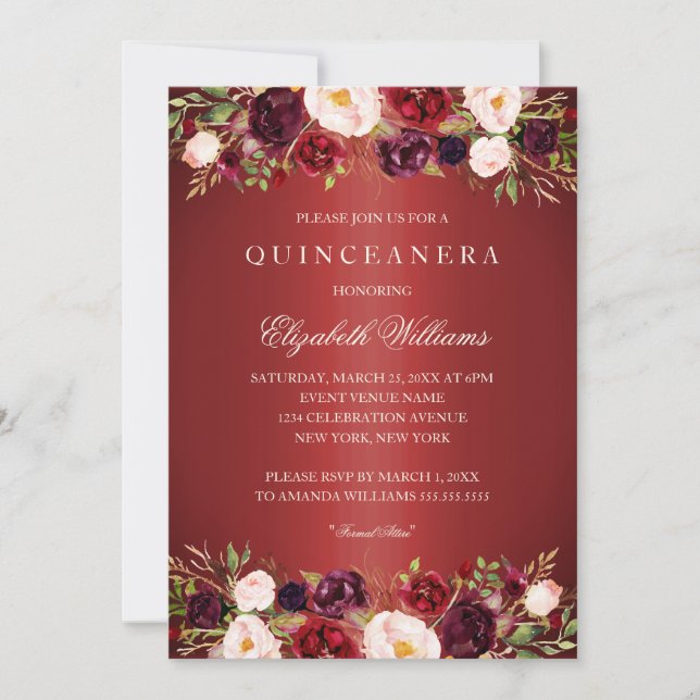 Convite de Quinceanera Rosa Borgonha Vermelha Eleg (Frente)