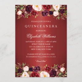 Convite de Quinceanera Rosa Borgonha Vermelha Eleg