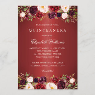 Convite de Quinceanera Rosa Borgonha Vermelha Eleg