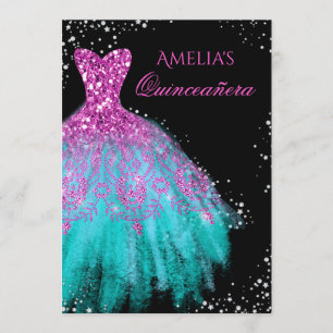 Convite de Quinceanera Rosa Brilhante em Azul Verd