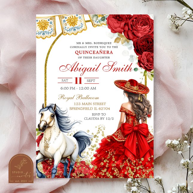 Convite de Quinceanera Rosa Charra Vermelha (Criador carregado)