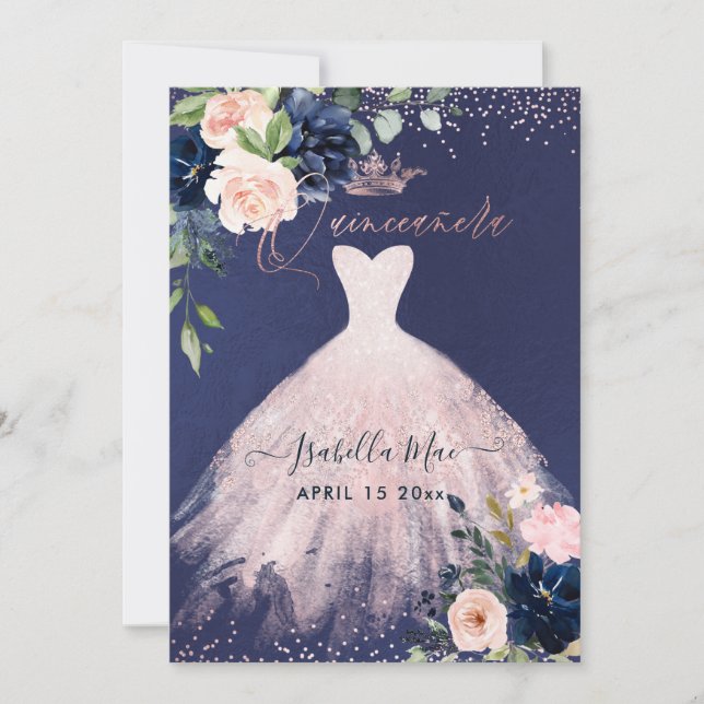 Convite de Quinceanera Rosa Choque Azul Naval Flor (Frente)