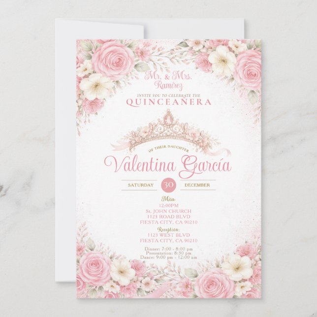 Convite de Quinceañera Rosa Coroa Blush (Frente)