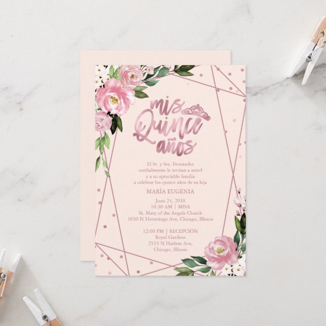 Convite de Quinceanera Rosa Desbotado Dourado Espa (Frente/Verso In Situ)