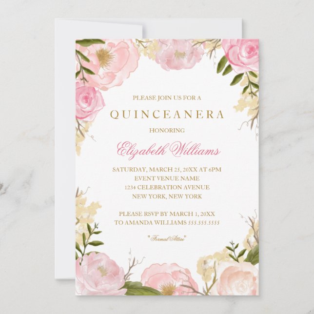 Convite de Quinceanera Rosa Elegante (Frente)