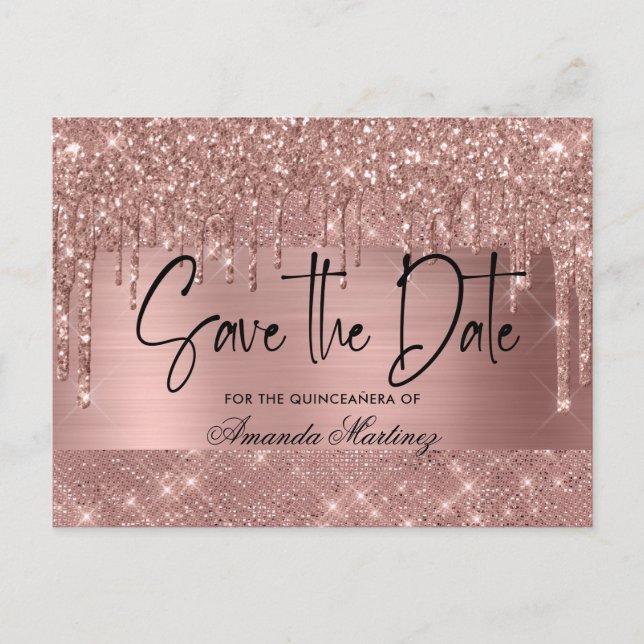 Convite de Quinceañera Rosa em Ouro Save The Date (Frente)