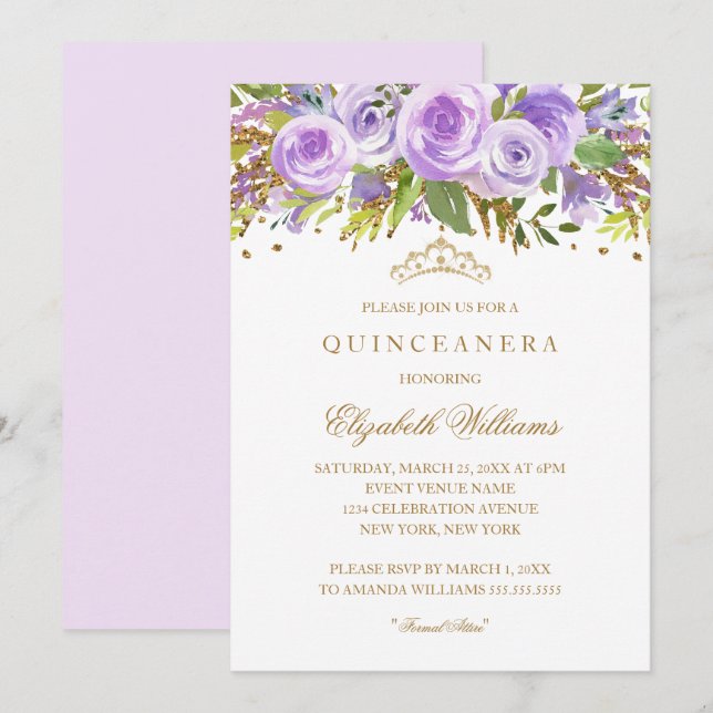 Convite de Quinceanera Rosa Floral Dourado Roxo (Frente/Verso)