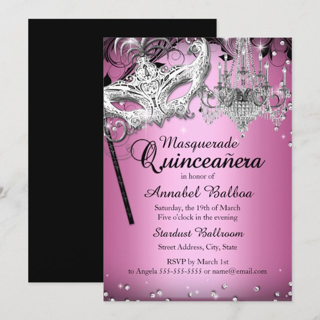 Convite de Quinceanera Rosa Mascarada de Lustre (Frente/Verso)