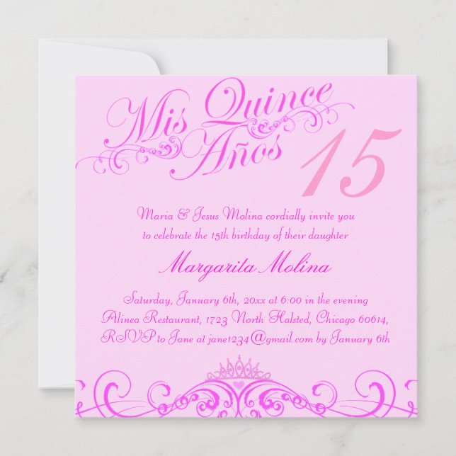 Convite de Quinceanera Rosa Princesa Tiara (Frente)
