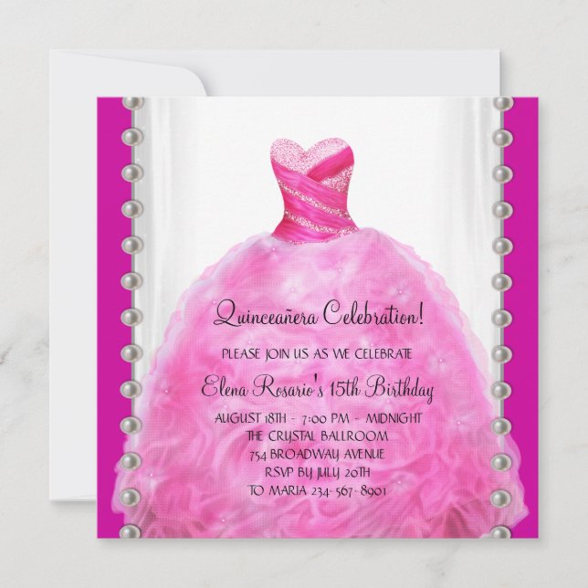Convite de Quinceanera Rosa Quente (Frente)