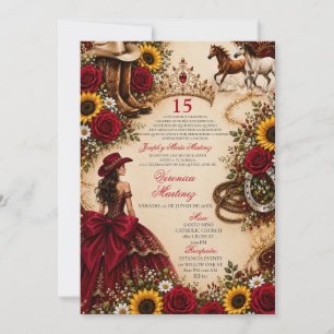 Convite de Quinceañera Rosa Vermelha Borgonha Gira
