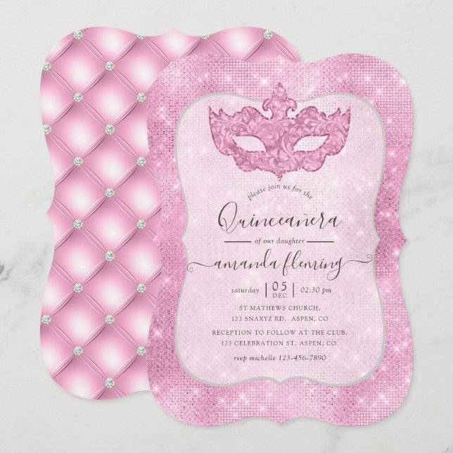 Convite de Quinceañera Rosa Vintage para Mascarada (Frente/Verso)