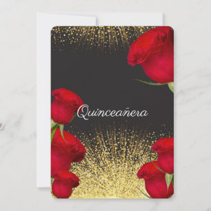 Convite de Quinceanera, rosas vermelhas, brilho