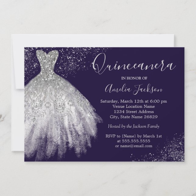 Convite de Quinceanera Roxo de Vestido Elegante (Frente)