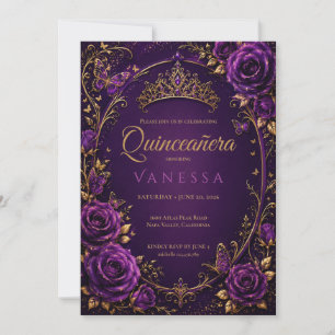 Convite de Quinceanera Roxo e Dourado