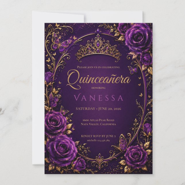 Convite de Quinceanera Roxo e Dourado (Frente)