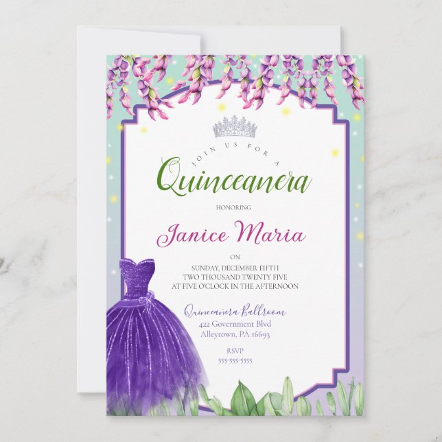 Convite de Quinceañera Roxo Verde e Rosa (Frente)