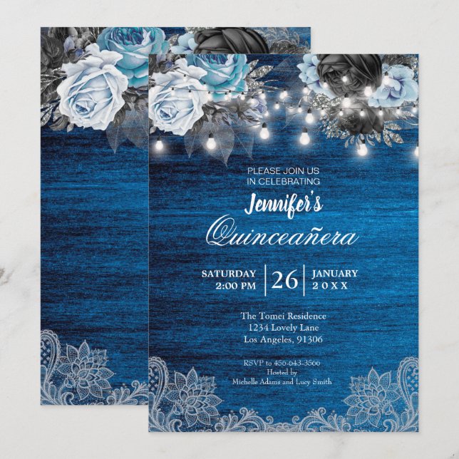 Convite De Quinceanera Russo Floral Azul (Frente/Verso)