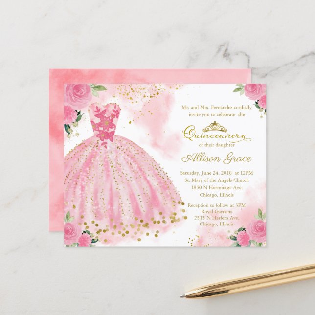 Convite de Quinceanera Simples Dourado e Rosa Vibr (Frente/Verso In Situ)