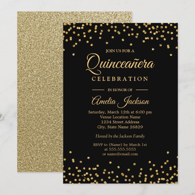 Convite de Quinceanera Sparkle Gold Black Confetti (Frente/Verso)