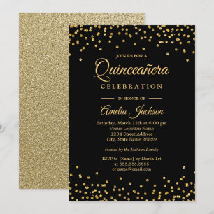 Convite de Quinceanera Sparkle Gold Black Confetti