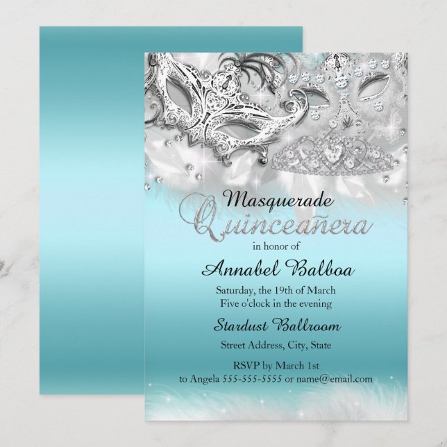 Convite de Quinceanera Teal Silver Sparkle Masquer (Frente/Verso)