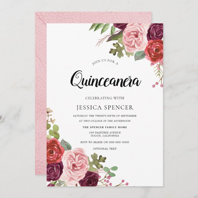 Convite de Quinceanera Tendência Flores Rosa e Bor (Frente/Verso)