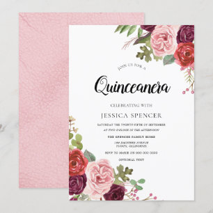 Convite de Quinceanera Tendência Flores Rosa e Bor
