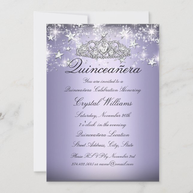 Convite de Quinceanera Tiara com Brilho Roxo & Est (Frente)